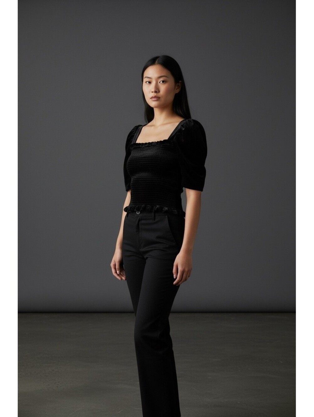 Sugar Lips Goth Black Velvet Puff Sleeve Crop Top XXL Smocked Stretch